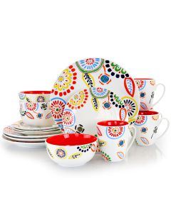 Gibson Home Colorful Bazaar 16 Piece Round Fine Ceramic Dinnerware Set in Red Orange